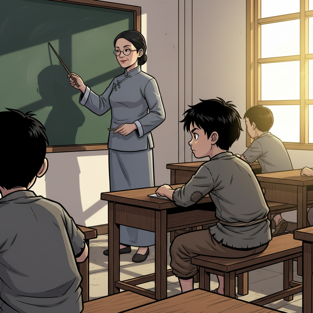 王二小智斗鬼子 — page 4 panel 2: 教室里，木制的课桌椅整齐排列。李老师站在讲台前，手持教鞭，正在黑板上书写。王二小端坐在课桌前，身体微微前倾，双眼紧盯着老师，神情专注，生怕漏掉任何一个字。阳光透过窗户，洒在他的课本上。