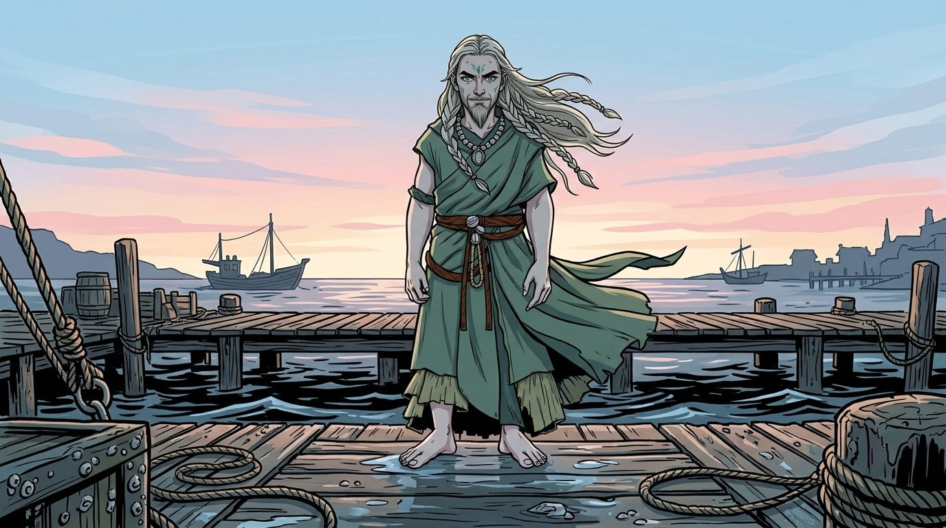 The Moving Sea — page 4 panel 2: At the end of the oldest pier, a solitary figure waits barefoot above the tide. Seaweed-green robes stir in the cold wind, and tiny shells glint in his braided hair.