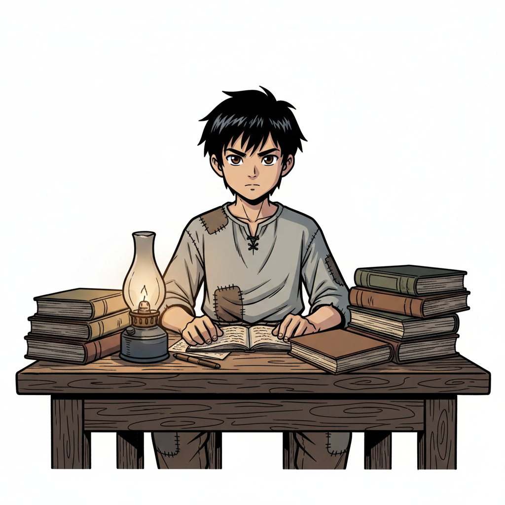 王二小智斗鬼子 — page 5 panel 1: 时光飞逝，转眼间，王二小从希望小学毕业，为了考入大学，他挑灯夜读，付出了常人难以想象的努力。房间里只有一盏煤油灯发出微弱的光芒，照亮了他专注的脸庞和堆满书籍的课桌。