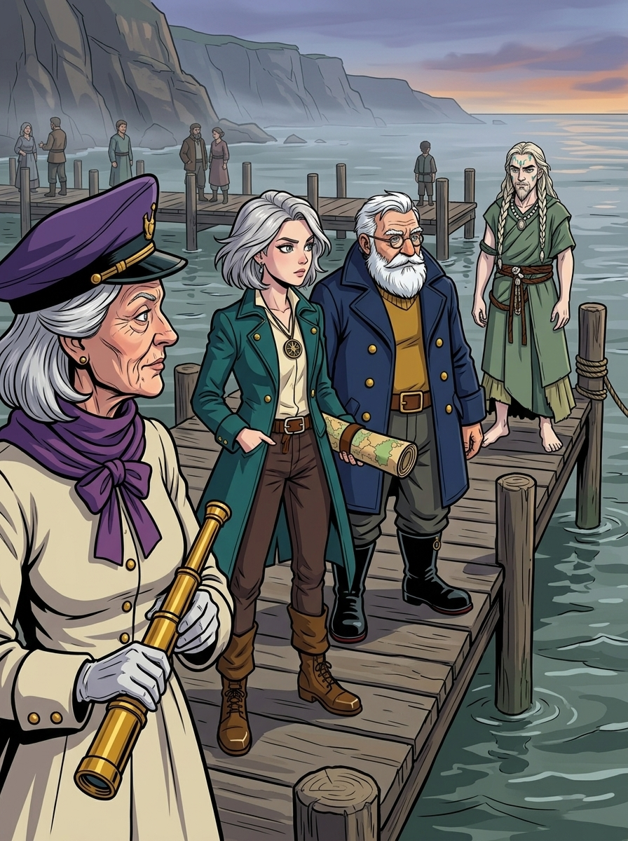 The Moving Sea — page 5 panel 1: Mira stops several paces from Silas. Captain Odessa shifts protectively between them, while Tomas studies the tide-priest's markings with wary recognition.