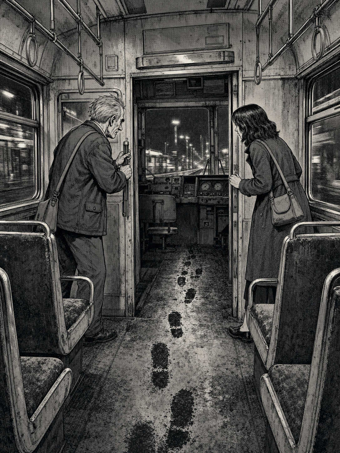 The Last Train — page 5 panel 1: Elias yanks the emergency brake inside the jolting front carriage, but the train continues through the darkness, passing every station without slowing. Mara searches the driver’s cabin and finds it completely empty. Behind them, fresh wet footprints appear on the carriage floor, leading from the front carriage toward their seats.