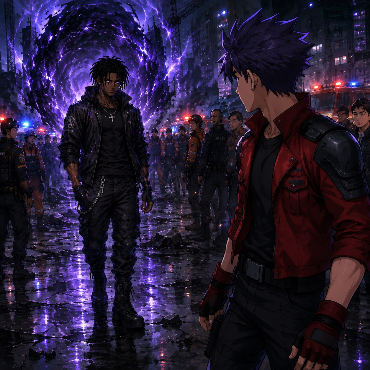 ZERO RANK — Episode 1: Rank Zero — page 5 panel 1: Outside the Gate, emergency personnel and Awakened teams notice Malik Cross emerging alone. Jace Mercer turns in surprise as Malik Cross remains on his feet.