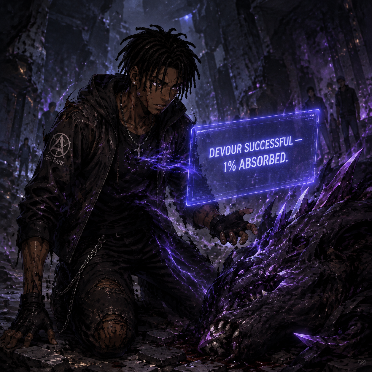 ZERO RANK — Episode 1: Rank Zero — page 5 panel 4: A final translucent system message confirms the result: Devour successful, 1% absorbed. Malik Cross stands beneath the fading Gate, facing an unknown future.