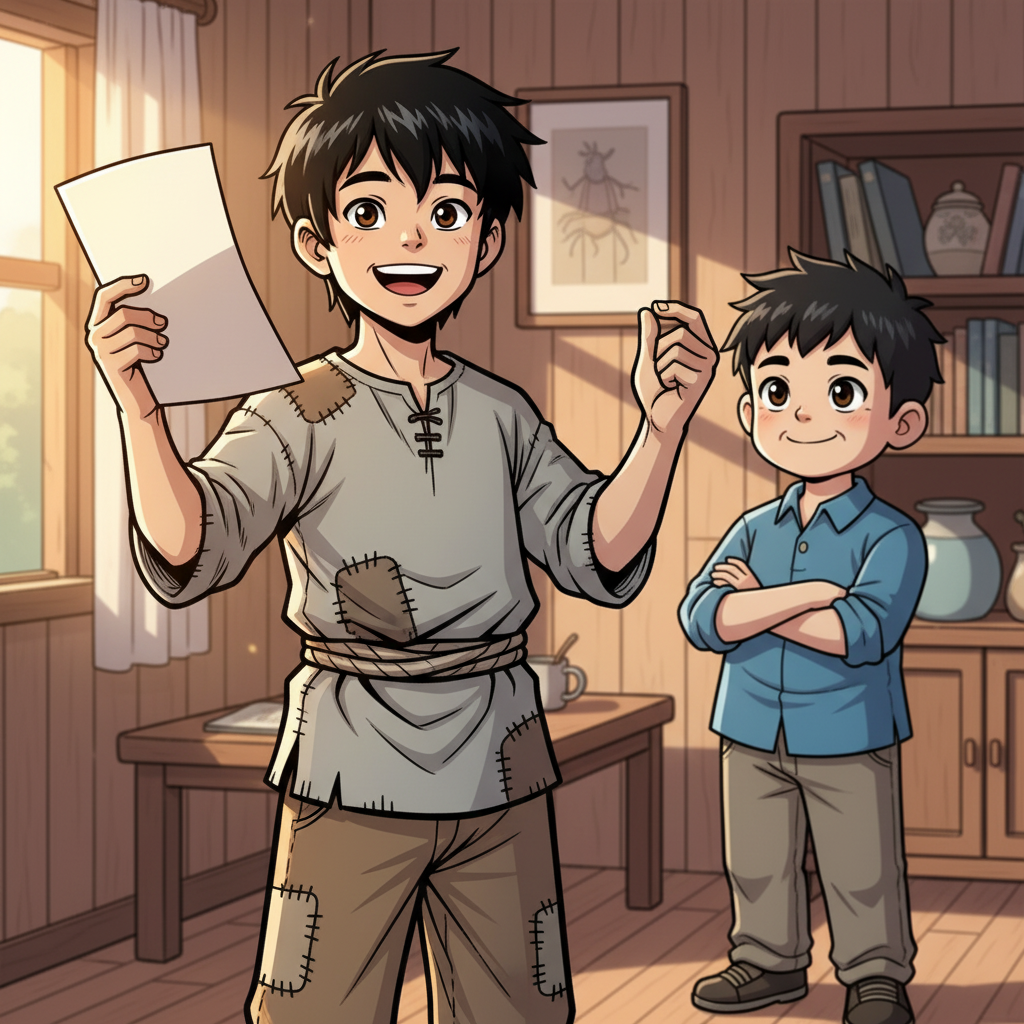 王二小智斗鬼子 — page 5 panel 2: 一个阳光明媚的早晨，村里的邮递员送来了一封信。王二小颤抖着手打开，当看到录取通知书上的“大学”二字时，他脸上绽放出抑制不住的笑容。一旁的小明，也为他感到由衷的高兴。