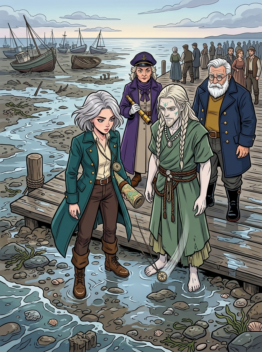 The Moving Sea — page 5 panel 2: The tide suddenly withdraws from beneath the pier, exposing glistening stones and stranded shells. Mira's compass pendant swings toward Silas instead of north.