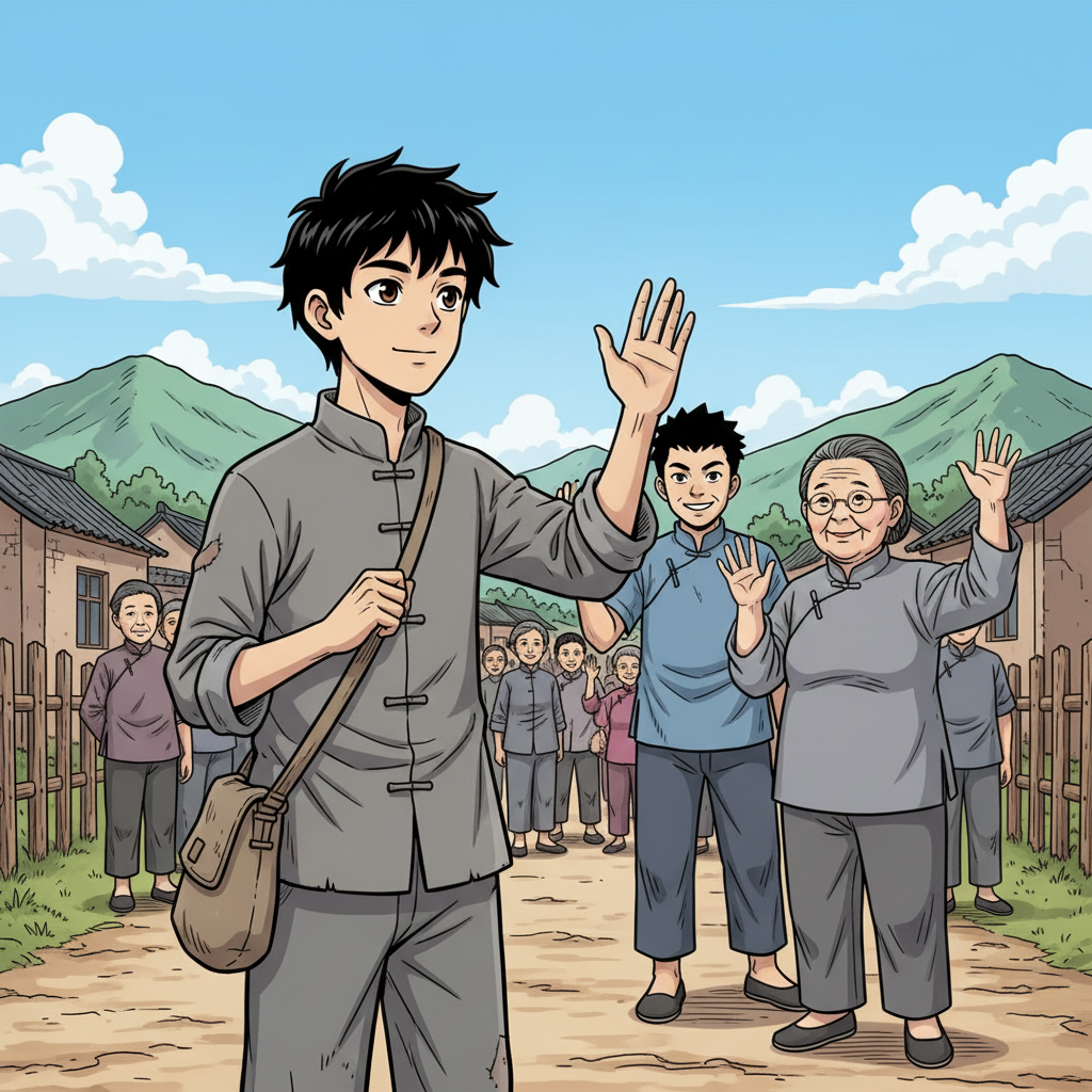 王二小智斗鬼子 — page 5 panel 3: 离别的时刻到了，王二小背着简单的行李，在村口与乡亲们告别。李老师和小明站在人群中，眼中满是不舍和祝福。王二小回头望向生养他的土地，心中充满了对未来的憧憬和对故土的眷恋。