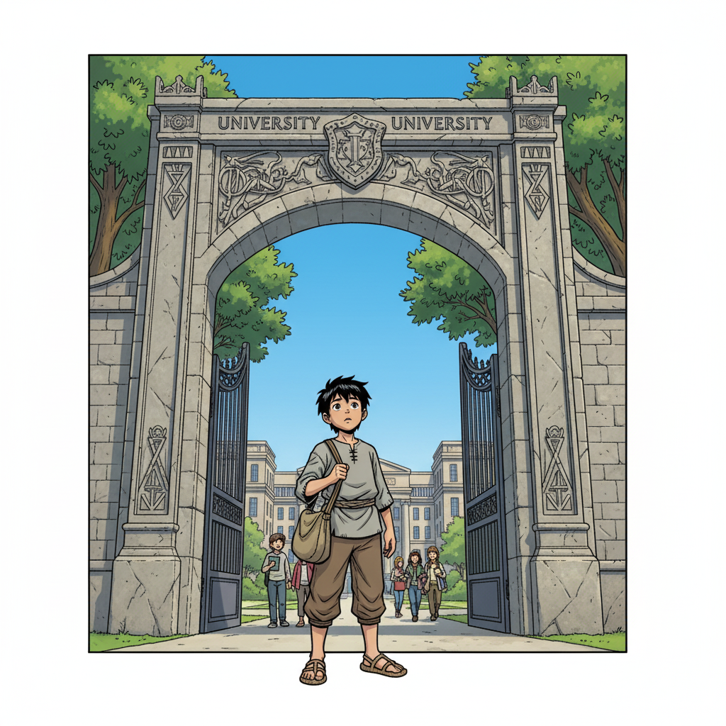 王二小智斗鬼子 — page 5 panel 4: 王二小抵达了繁华的大学城。高大的教学楼、绿树成荫的校园，一切都让他感到新奇和震撼。他站在大学校门前，背着行李，眼中充满了对知识的渴望和对新生活的向往。