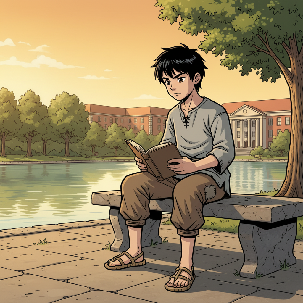 王二小智斗鬼子 — page 5 panel 6: 傍晚时分，王二小独自坐在校园的湖畔，夕阳将他的身影拉长。他翻开一本泛黄的书，思索着自己的过去和未来，大学生活让他对世界有了更深的理解。