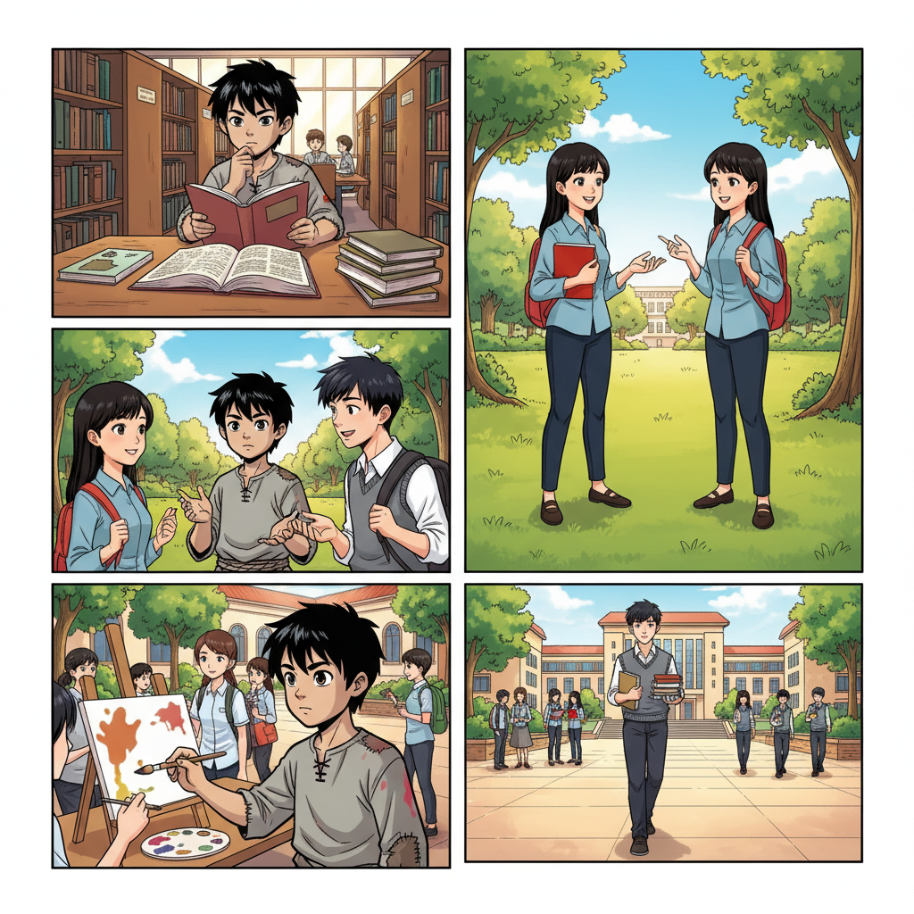 王二小智斗鬼子 — page 6 panel 1: 大学生活丰富多彩，王二小如饥似渴地汲取知识，也结交了许多新朋友。他在图书馆里埋头苦读，与同学们在草坪上讨论问题，积极参与各项活动。