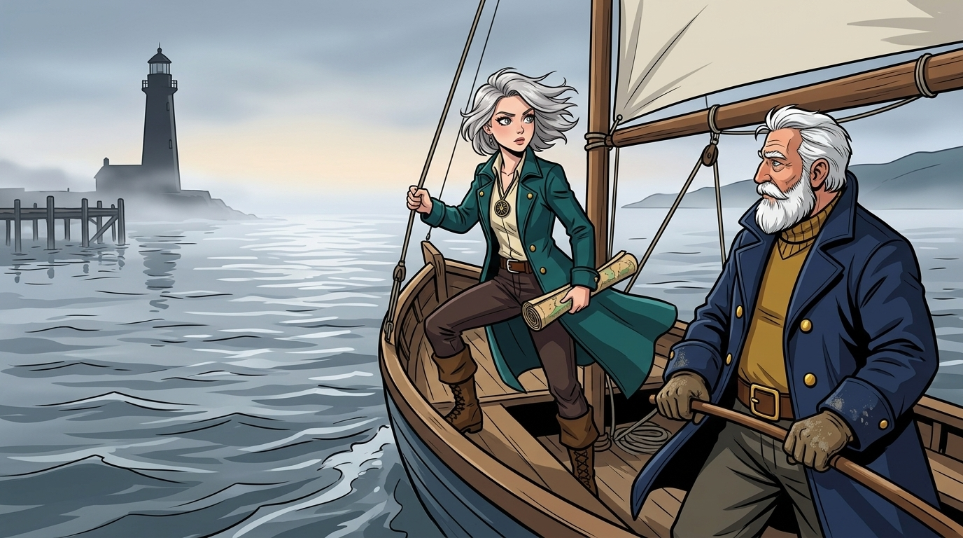 The Moving Sea — page 6 panel 1: At first light, Mira and Tomas leave the harbor alone in a narrow weather-beaten sailboat. The mist parts behind them, leaving the lighthouse and pier small on the horizon.