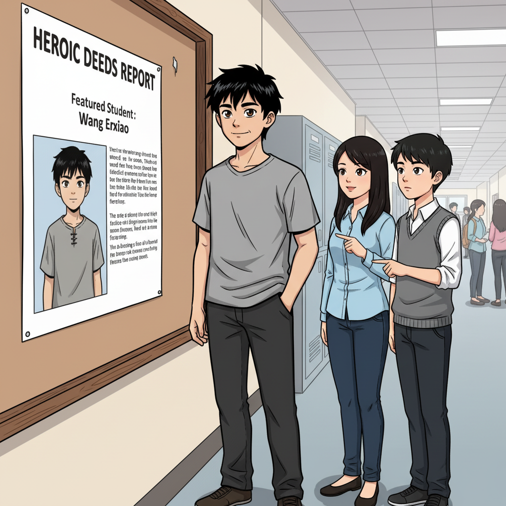 王二小智斗鬼子 — page 6 panel 2: 一天，王二小路过布告栏，看到一张关于“抗战英雄事迹报告会”的海报，上面赫然写着他的名字。身边的同学看到后，都投来了敬佩的目光，王二小有些不好意思地笑了笑。