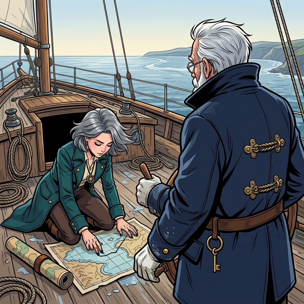 The Moving Sea — page 6 panel 2: Mira kneels over an open map, comparing its inked shoreline with the strange curve ahead. Tomas watches the sail and the water rather than the chart.