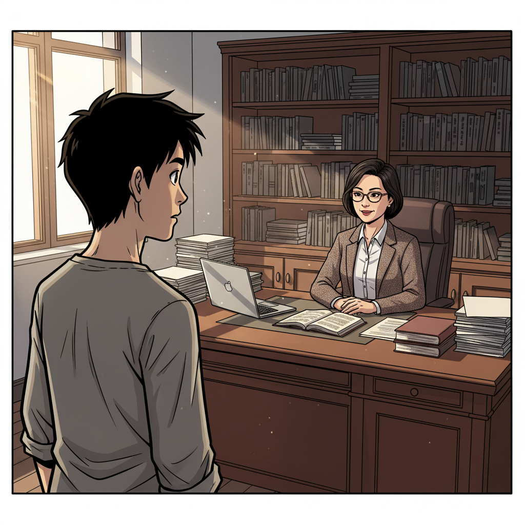 王二小智斗鬼子 — page 6 panel 3: 大学教授（char_11）在办公室里，郑重地邀请王二小（char_1）在全校师生面前，讲述自己的抗战经历。王二小听后，神情有些紧张，他从未在如此大的场合发言。