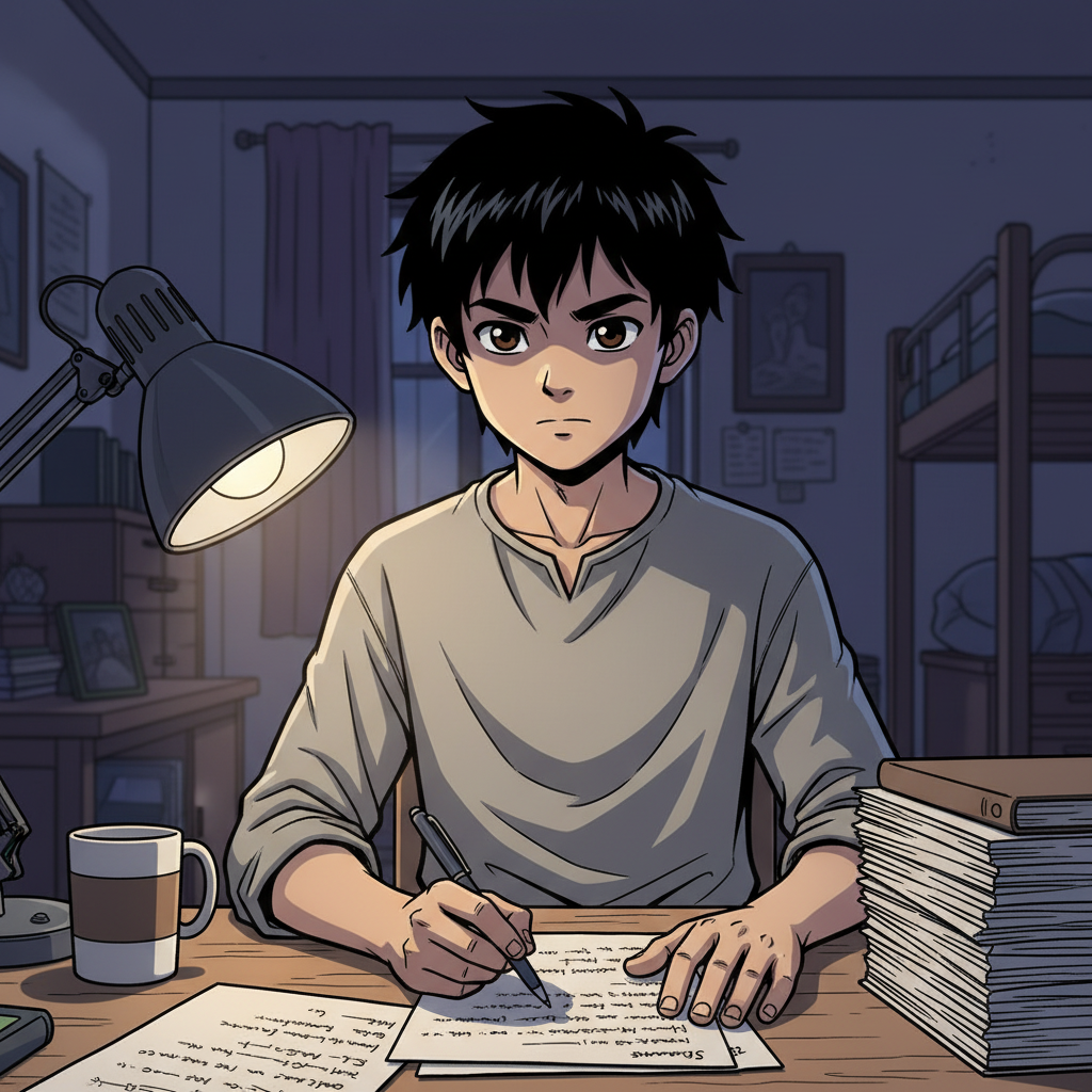 王二小智斗鬼子 — page 6 panel 4: 夜深了，王二小在宿舍里反复修改演讲稿。他时而凝眉沉思，时而提笔疾书，脑海中不断浮现出当年惊心动魄的画面，以及那些为和平付出生命的英雄们。他的决心越来越坚定。