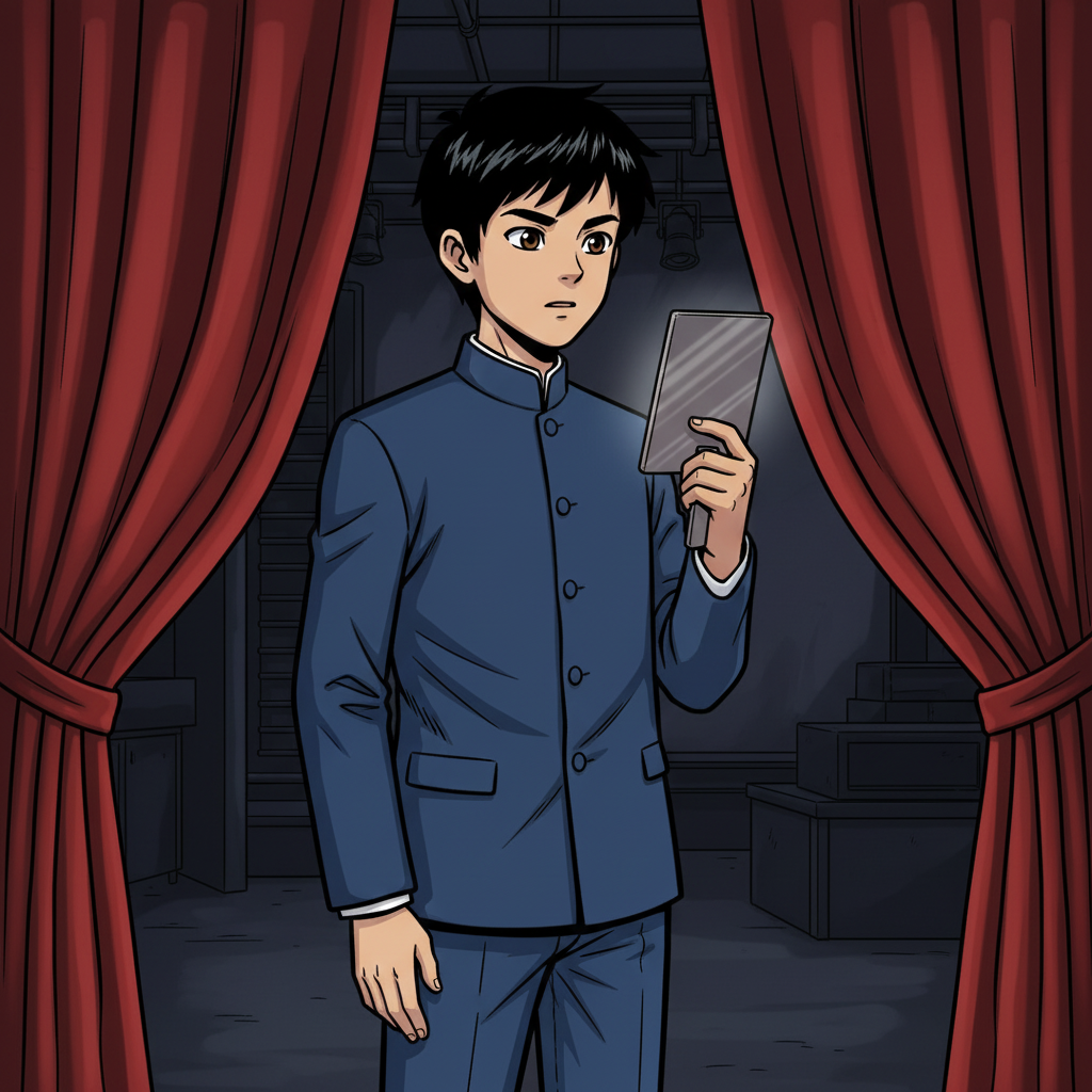 王二小智斗鬼子 — page 6 panel 5: 演讲当天，后台弥漫着紧张的气氛。王二小站在幕布后，深吸一口气，整理了一下身上整洁的中山装。他看向镜子里的自己，眼中闪烁着紧张，但更多的是一种使命感。