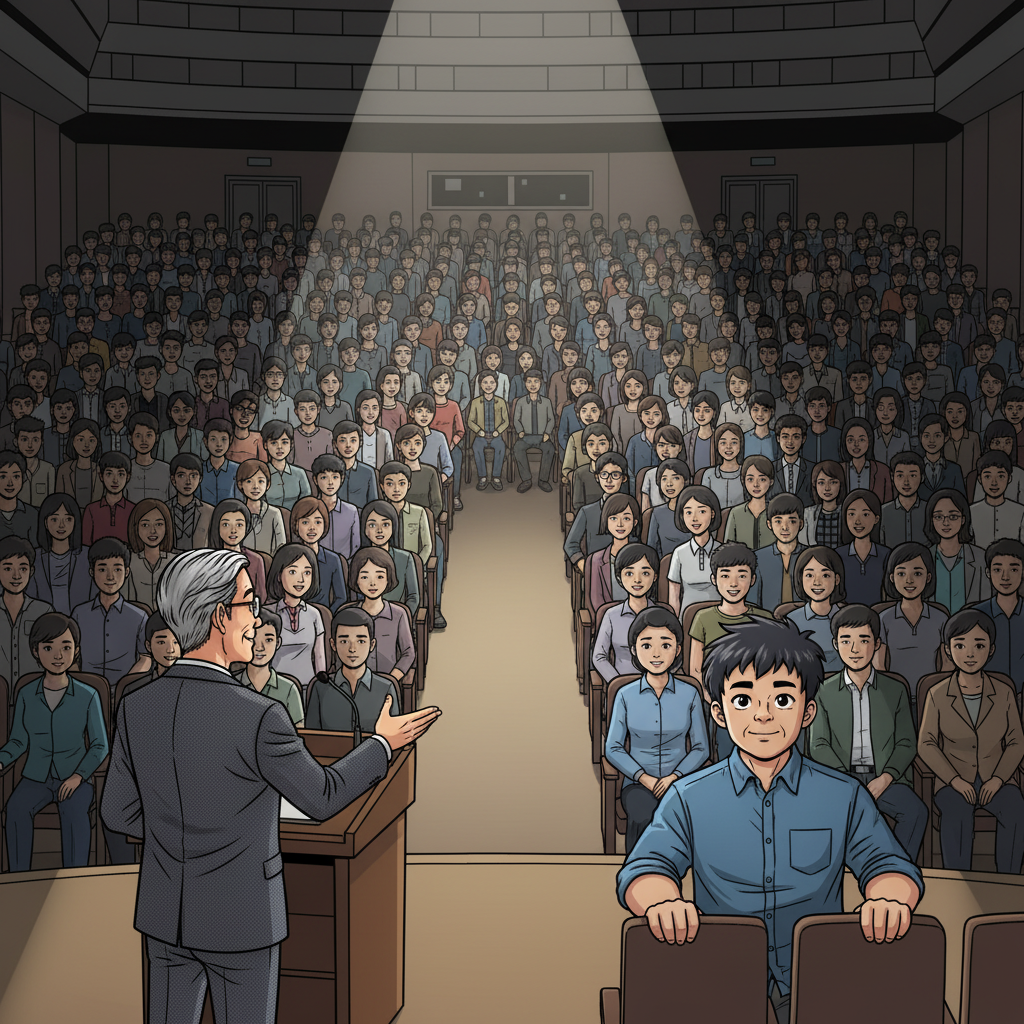 王二小智斗鬼子 — page 6 panel 6: 礼堂内座无虚席，灯光聚焦在舞台上。大学教授（char_11）走上讲台，庄重地向全校师生介绍即将登场的王二小。观众席上，小明（char_6）也坐在其中，眼中充满了期待。