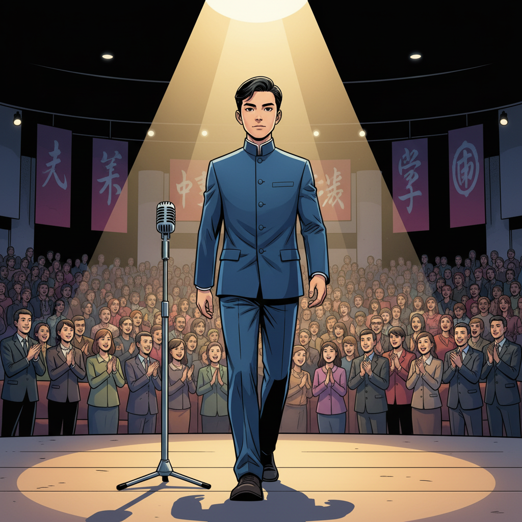 王二小智斗鬼子 — page 7 panel 1: 在雷鸣般的掌声中，王二小（char_1）迈着坚定的步伐走上舞台。他走到麦克风前，深吸一口气，目光扫过台下密密麻麻的听众，内心既紧张又激动。