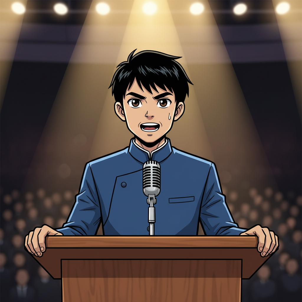 王二小智斗鬼子 — page 7 panel 2: 王二小（char_1）开始讲述他的故事，从放羊娃的童年，到机智引敌的惊险瞬间，再到战争胜利后的求学之路。他的声音充满力量，眼神坚定而深邃。