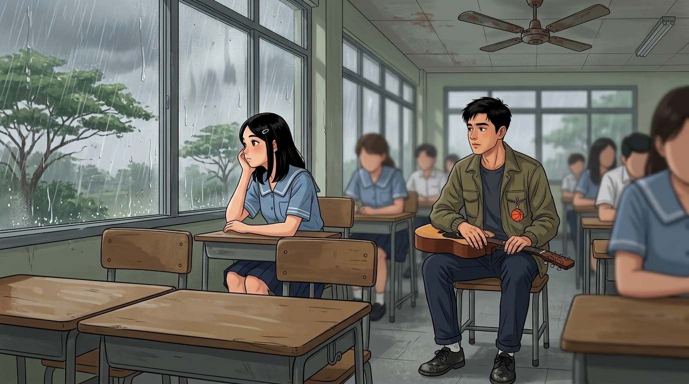 Letters I'll Never Send — Part One: Miles Between Us — page 7 panel 2: Another memory: PB sits two rows behind Sarah, silently translating the rhythm of her breathing into guitar chords while she watches the storm.