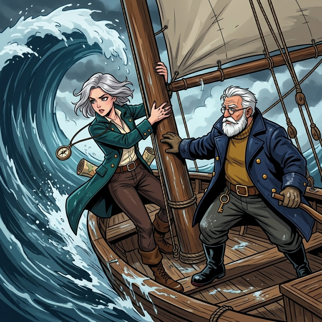 The Moving Sea — page 7 panel 2: Tomas reaches for Mira as the boat tilts. She catches the mast, her compass pendant swinging violently toward the living water.