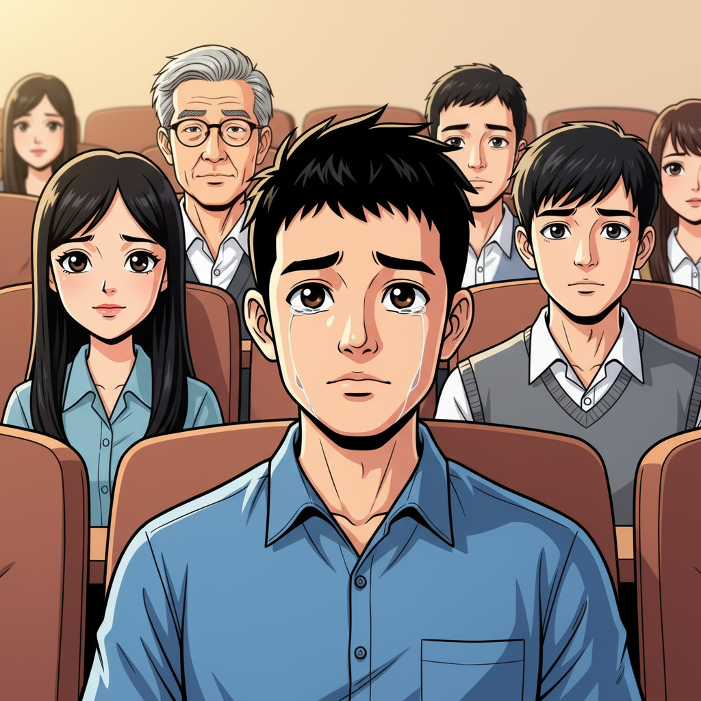 王二小智斗鬼子 — page 7 panel 3: 台下的听众被王二小的讲述深深吸引。小明（char_6）眼中含泪，为好友的成长而骄傲。大学教授（char_11）和同学们（char_12, char_13）也听得聚精会神，表情肃穆。