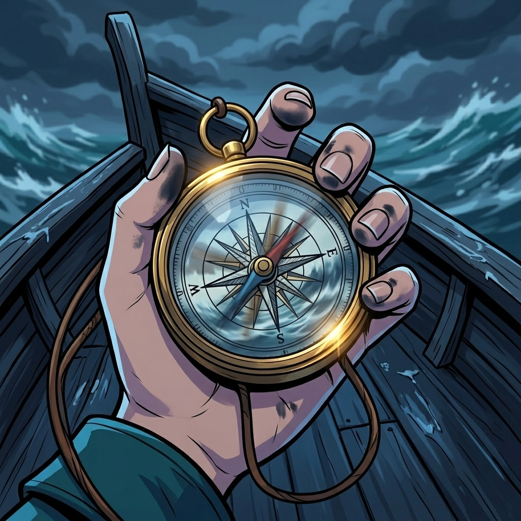 The Moving Sea — page 7 panel 3: Close on Mira's hand around the compass pendant. Ink stains mark her fingers, and the tiny needle spins without pointing north.