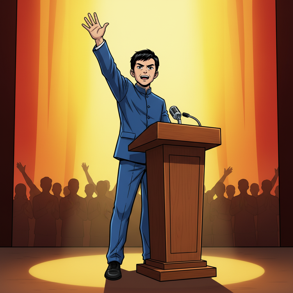 王二小智斗鬼子 — page 7 panel 4: 演讲进入高潮，王二小（char_1）声情并茂地强调了和平的珍贵与教育的重要性，他高举手臂，呼吁大家铭记历史，珍惜当下，为祖国的未来而奋斗。他的话语掷地有声，振聋发聩。