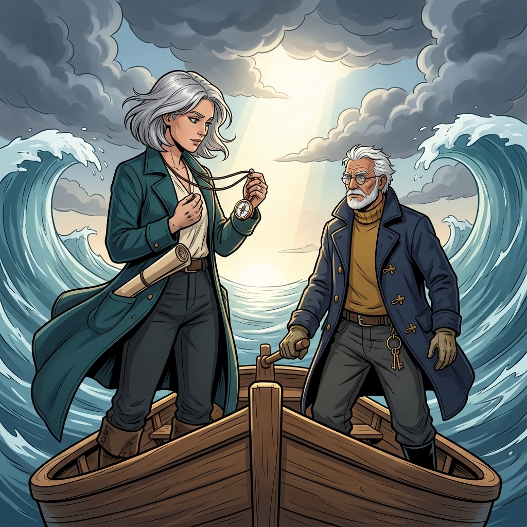 The Moving Sea — page 7 panel 4: Mira rises at the bow, facing the immense water. Tomas steadies the boat behind her but does not stop her.