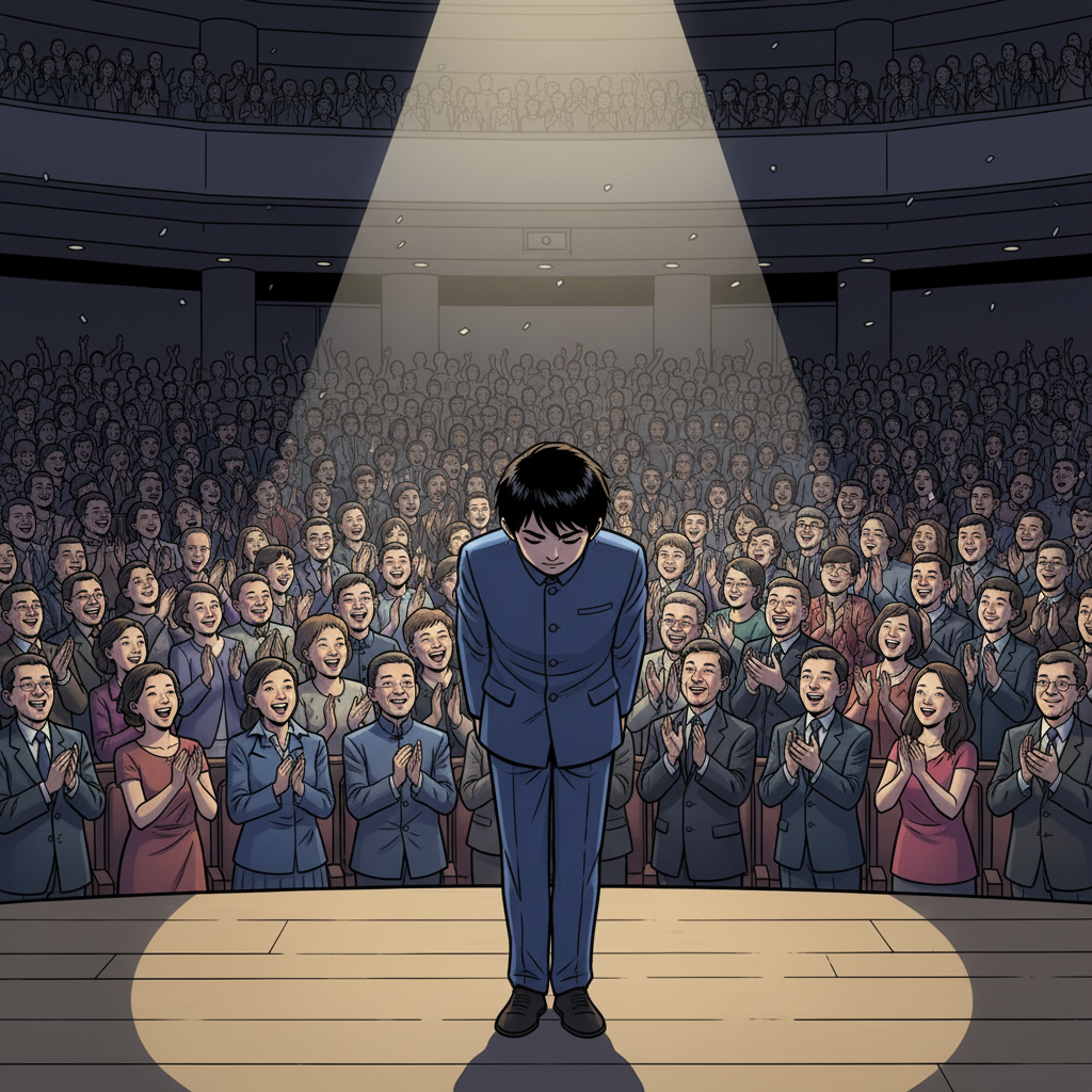 王二小智斗鬼子 — page 7 panel 5: 演讲结束，礼堂内爆发出雷鸣般的掌声和欢呼声。全体师生起立，向王二小致以最崇高的敬意。王二小（char_1）深深地鞠躬，眼中闪烁着泪光，心中充满了感恩和自豪。