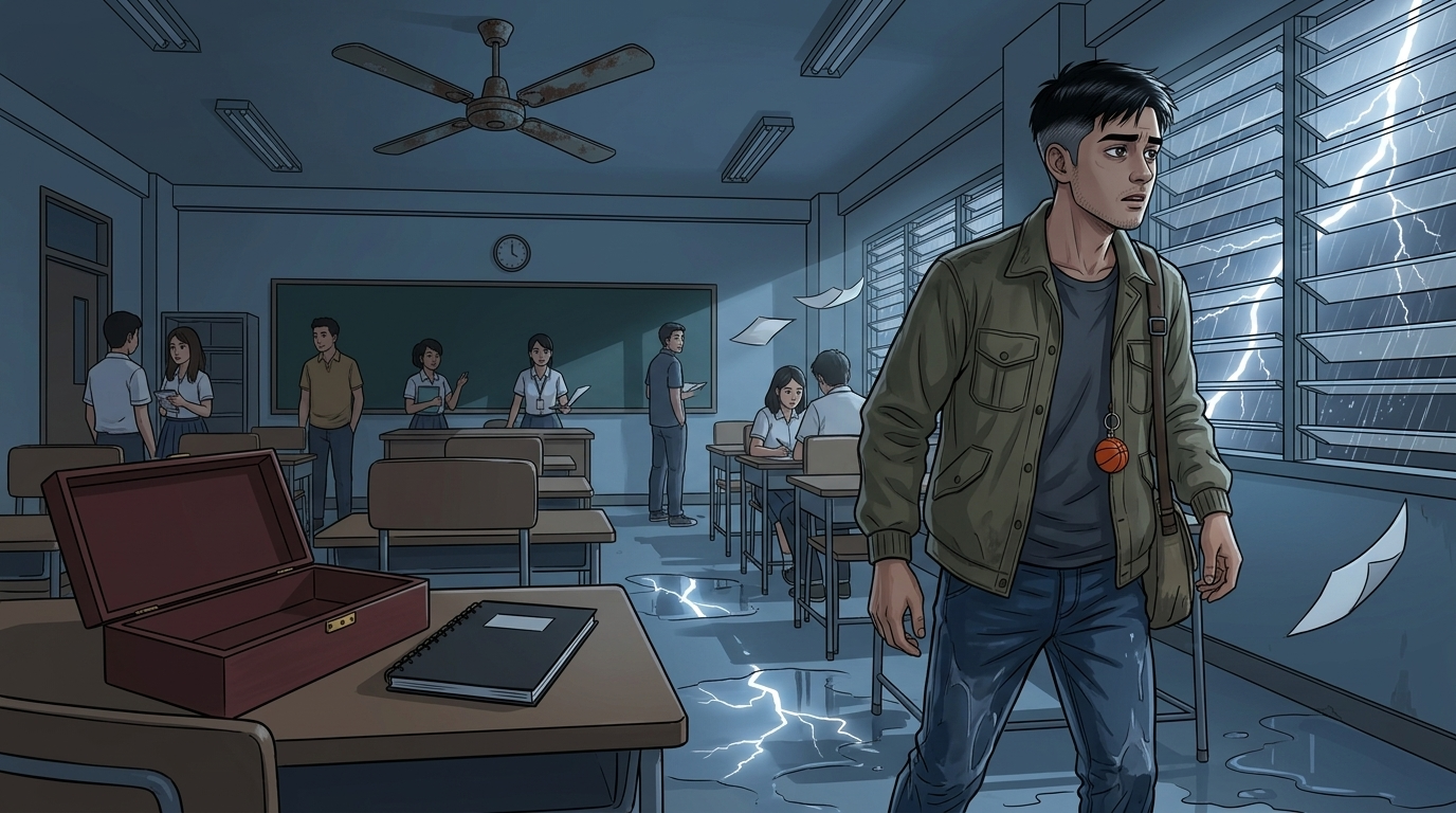Letters I'll Never Send — Part One: Miles Between Us — page 8 panel 1: Back in the present, the rain changes from tapping to a roaring rhythm, and PB looks up as if the old song has finally begun.