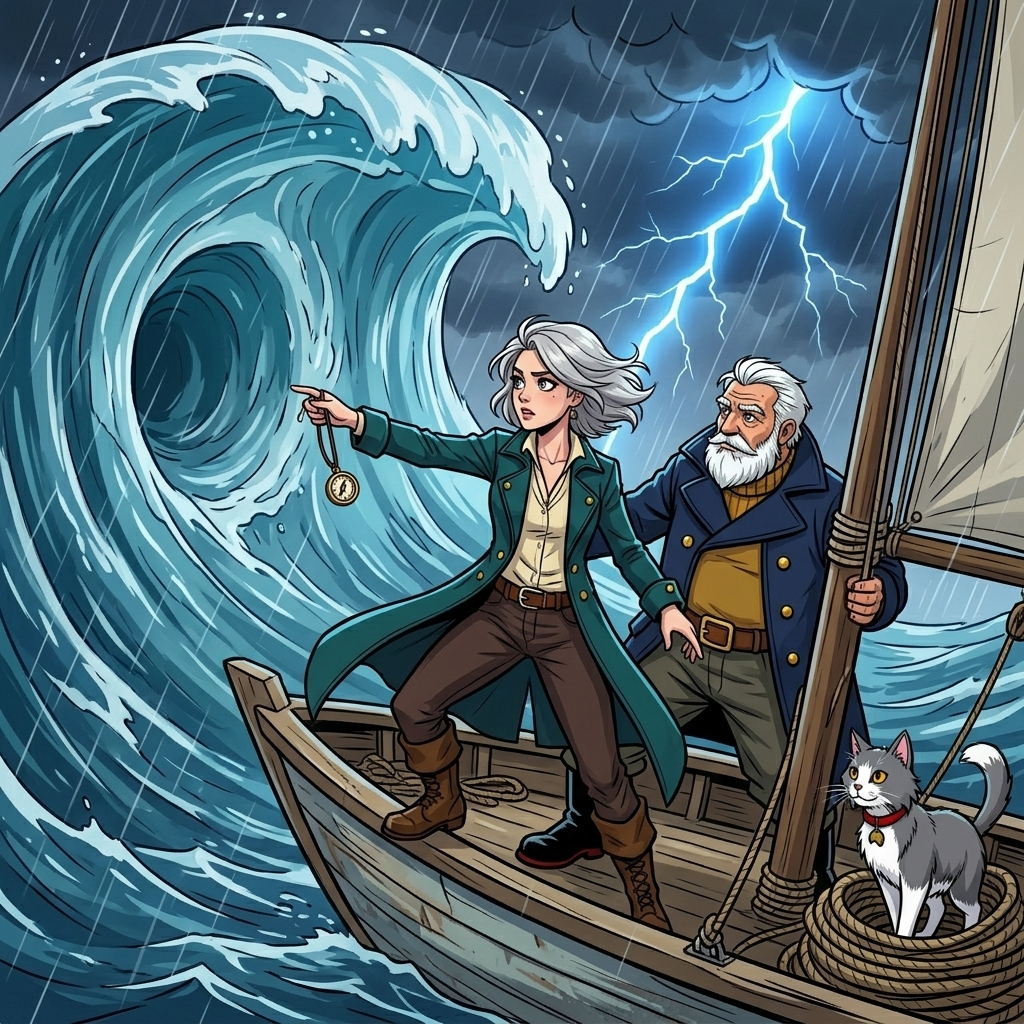 The Moving Sea — page 8 panel 1: The immense living water still towers around the narrow sailboat. Mira stands at the bow with her compass pendant extended toward it, while Tomas braces himself behind her. From beneath a coil of rope near the stern, a gray-and-white cat slowly lifts his head.