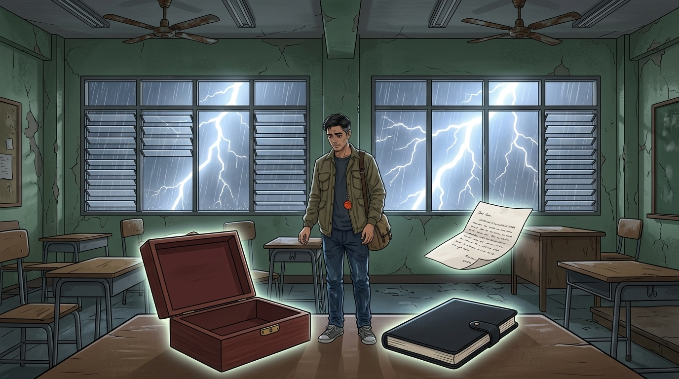 Letters I'll Never Send — Part One: Miles Between Us — page 8 panel 2: The roaring rain fills the classroom like percussion, surrounding PB, the notebook, and the unfinished letter in a suspended moment before revelation.