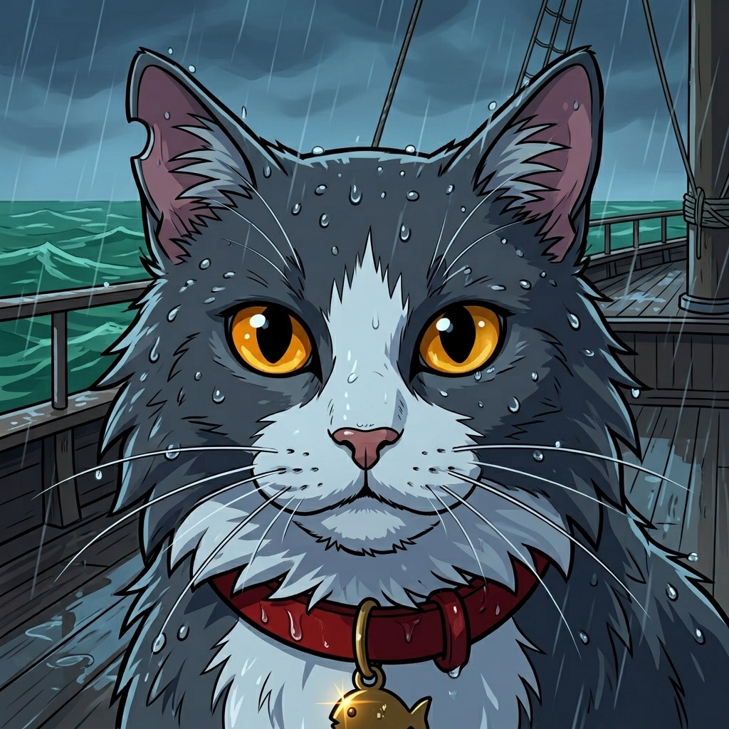 The Moving Sea — page 8 panel 3: A tight close-up catches Brine's amber eyes reflecting the impossible sea. Water beads on his whiskers, but his expression is composed, almost bored, as if he has been waiting years for this conversation.