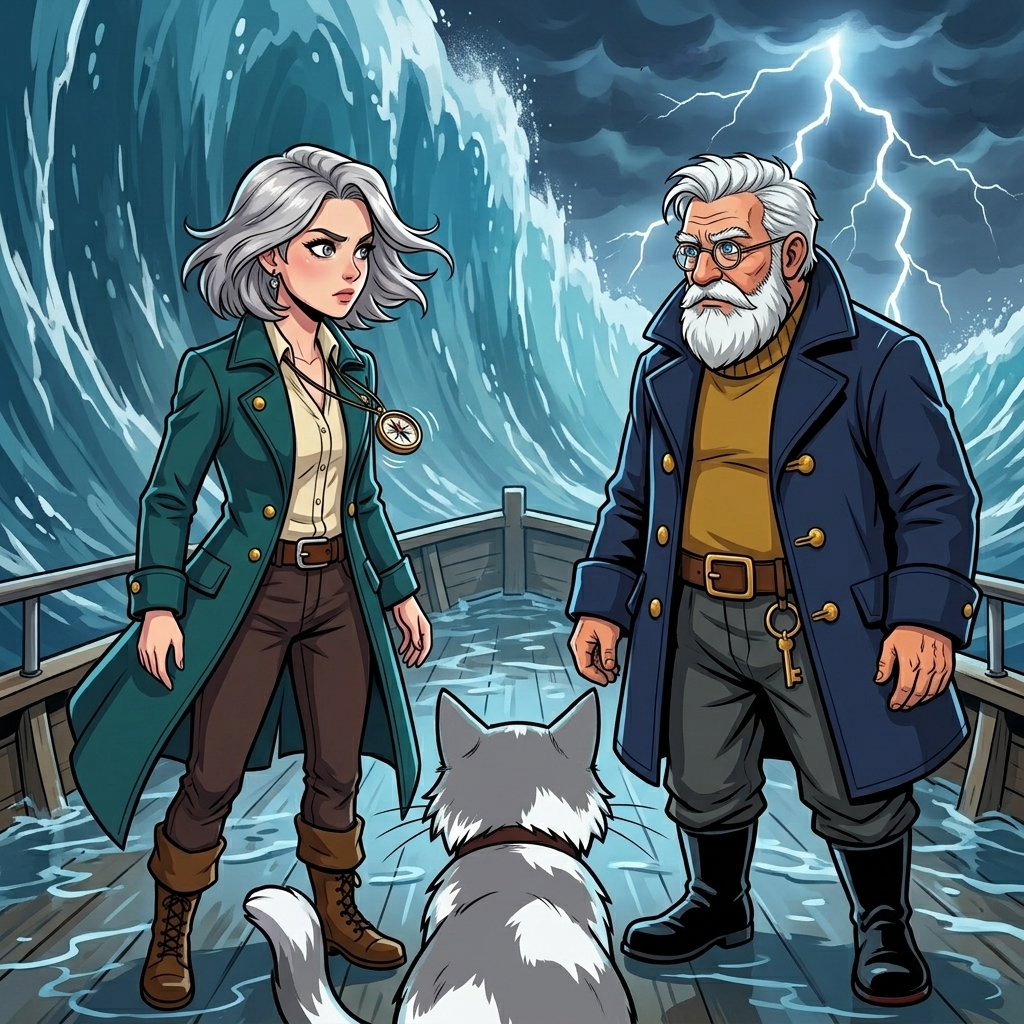 The Moving Sea — page 8 panel 4: Mira and Tomas exchange a wary look over Brine's back. The compass needle trembles toward the cat for one brief instant, then swings toward the immense water.