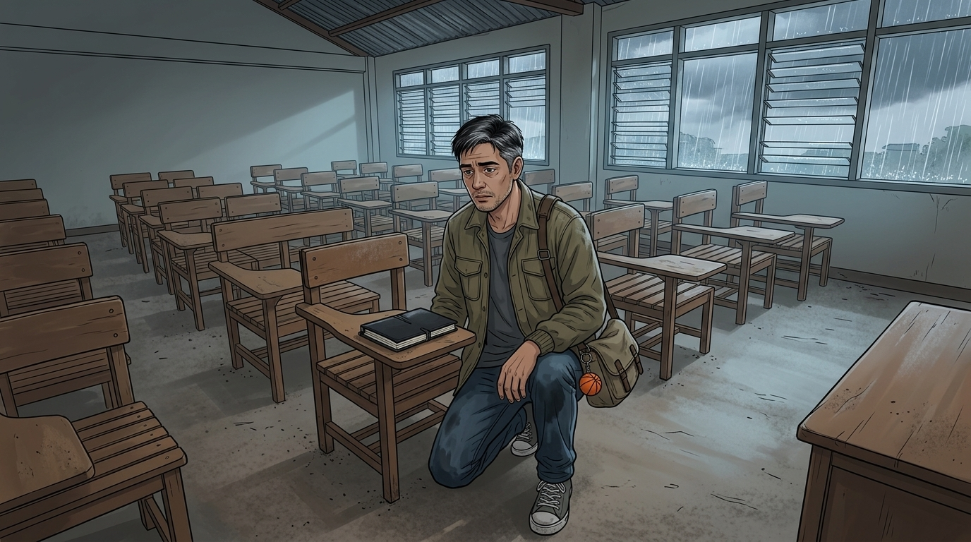 Letters I'll Never Send — Part One: Miles Between Us — page 9 panel 1: PB remains kneeling beside the third-row seat as the present-day classroom presses around him. The black leatherette notebook lies open on the dusty desktop, its cracked spine and swollen pages illuminated by dim storm light.