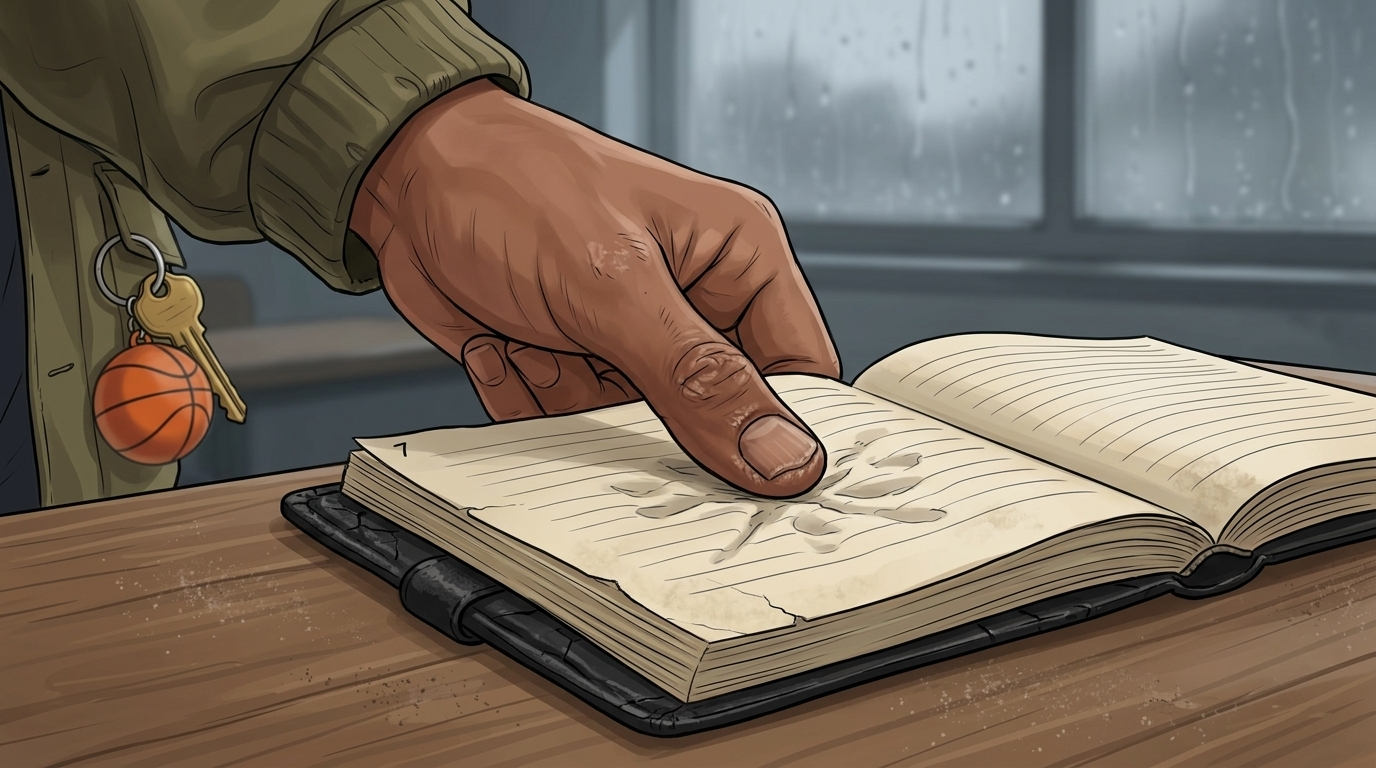 Letters I'll Never Send — Part One: Miles Between Us — page 9 panel 2: A tight view of the notebook’s seventh page shows deep writing indentations beneath the blue ink. PB’s calloused thumb rests at the corner, unable to turn the page quickly.