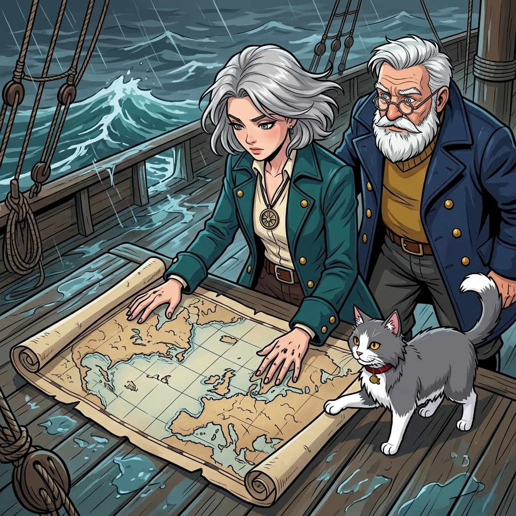The Moving Sea — page 9 panel 2: Mira unrolls a coastline map across the deck and compares its inked bend with the opening Brine indicates. The drawn shoreline seems to ripple beneath her fingers.