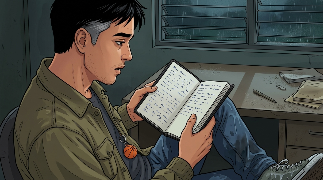 Letters I'll Never Send — Part One: Miles Between Us — page 9 panel 3: The blue-ink words on the page are visible as PB reads them silently: I wanted to tell you today. I wanted to tell you during geometry when you dropped your eraser. I wanted to tell you when the fan stopped turning and the room got quiet. I sat two rows behind you and didn’t say a single word.