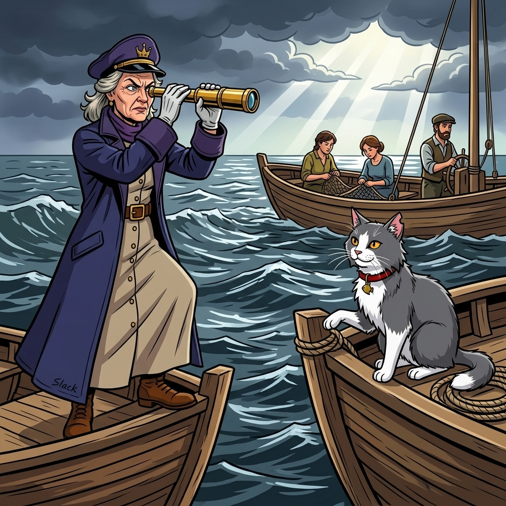 The Moving Sea — page 9 panel 3: Captain Odessa's voice carries from the small harbor boat trailing behind them. She stands rigidly at its bow, brass telescope raised, glaring at Brine across the gap.