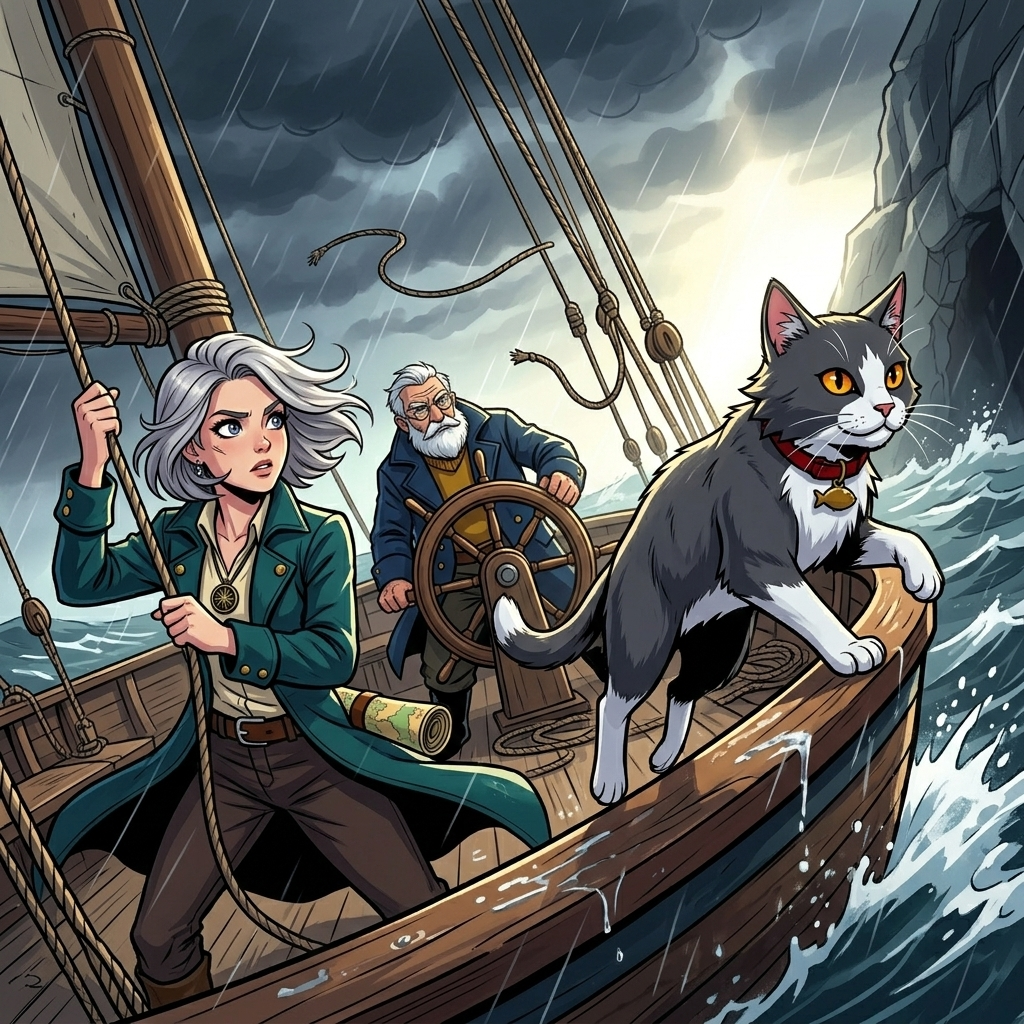 The Moving Sea — page 9 panel 4: Brine answers by leaping onto the forward rail. The boat pitches, but he lands neatly and begins calling directions as if he has commanded ships all his life.
