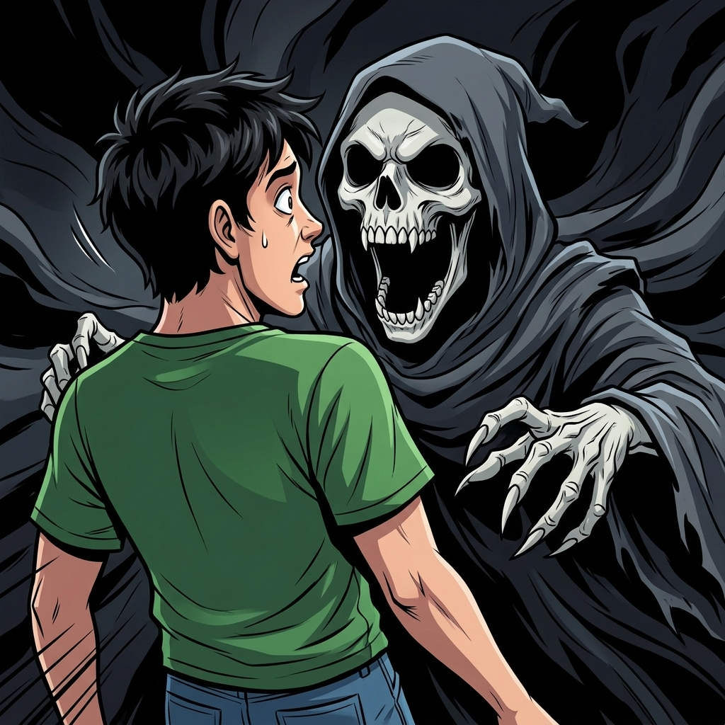 Pintu Kamar Terakhir — page 1 panel 4: Tampak dari belakang pundak Pemuda. Sosok misterius itu tiba-tiba sudah berdiri tepat di belakang pundaknya. Wajah sosok itu sangat pucat, tanpa mata, hanya menyisakan lubang hitam yang dalam, dengan mulutnya yang terbuka lebar seolah siap memangsa.
