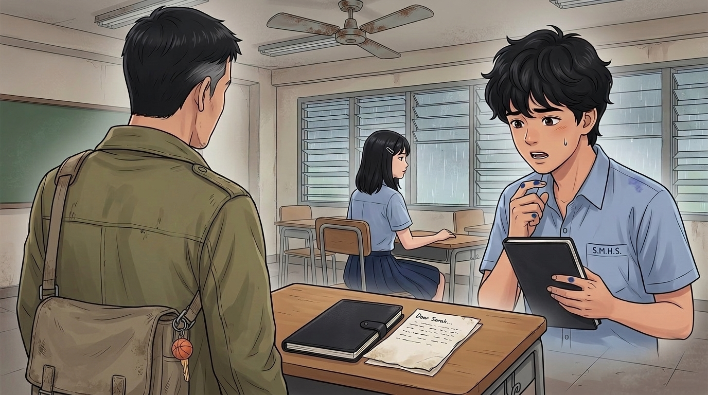 Letters I'll Never Send — Part One: Miles Between Us — page 5 panel 2: As the notebook opens, a loose sheet falls onto Sarah's desk with the words Dear Sarah..., while PB remembers Ace admitting why he wrote songs.