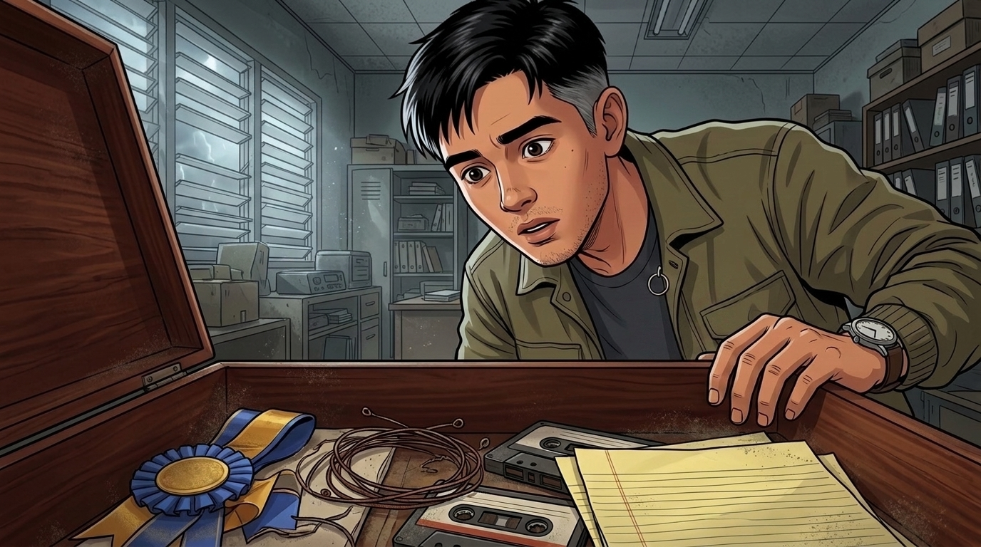 Letters I'll Never Send — Part One: Miles Between Us — page 4 panel 2: The clasp opens with a heavy click, and the box reveals graduation ribbons, old cassette tapes, rusted guitar strings, and years of sealed memories.