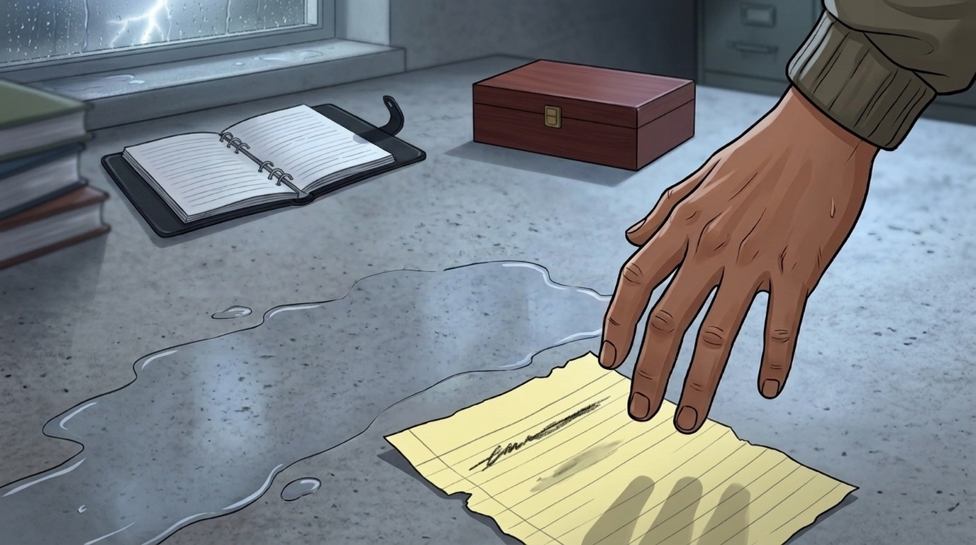 Letters I'll Never Send — Part One: Miles Between Us — page 6 panel 1: A torn yellow pad scrap lands beside PB's shoe, carrying Ace's hurried apology; the small paper feels heavier than the entire box.