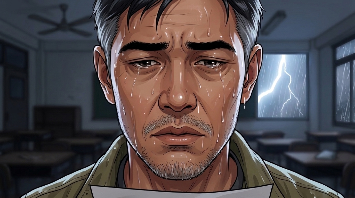 Letters I'll Never Send — Part One: Miles Between Us — page 6 panel 2: PB stares at the ink as survivor's guilt crashes through him, while lightning briefly turns the empty classroom white.