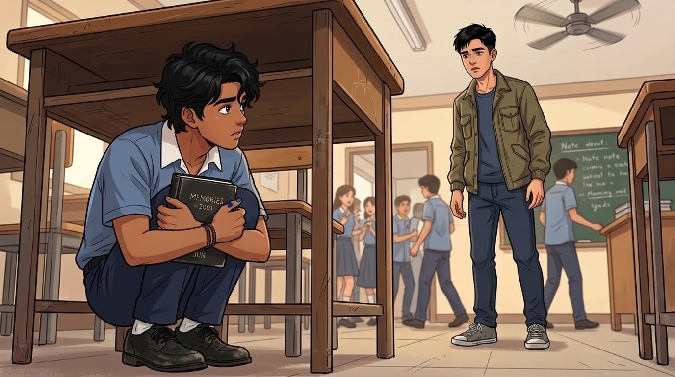 Letters I'll Never Send — Part One: Miles Between Us — page 7 panel 1: PB's memory fractures into the past: Ace hides his notebook under his seat whenever someone approaches, guarding his unsent words.