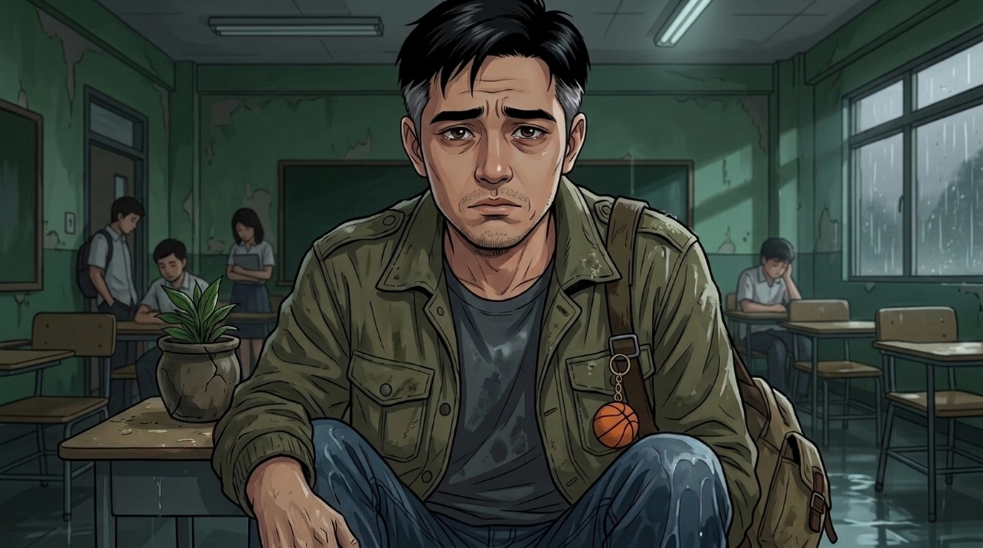 Letters I'll Never Send — Part One: Miles Between Us — page 9 panel 4: PB’s face fills the frame. He tries to laugh at the old insult, but the expression collapses into a painful grimace as thunder vibrates the walls.