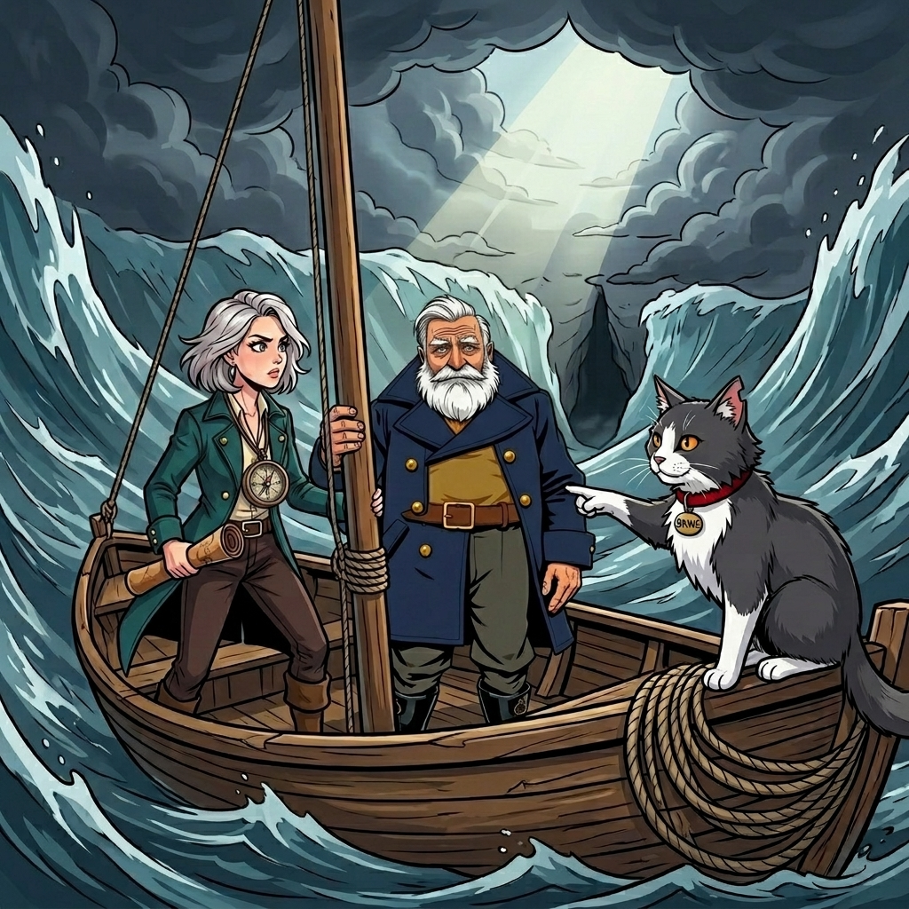The Moving Sea — page 9 panel 1: The storm slackens for a breath. Brine sits atop a coil of rope and points his paw toward a narrow darkness opening between two shifting ridges of water.