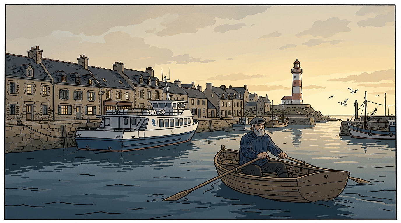 Graphic Novel style sample: a bearded lighthouse keeper in a navy sweater rows a wooden boat across a Breton harbour at dawn, granite houses and a lighthouse behind him