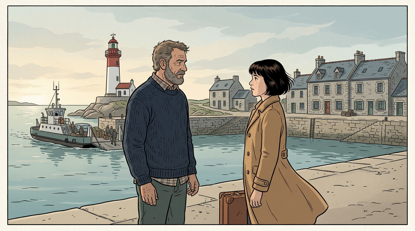 Graphic Novel style sample: the same lighthouse keeper faces a young woman in a camel coat on the harbour wall, a suitcase at her feet